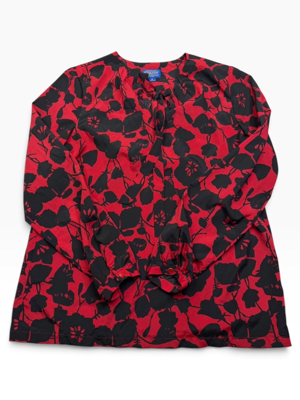 Pendleton Women's Floral Tie Neck Blouse Size 10 Red Black Long Sleeve Top - Picture 7 of 13